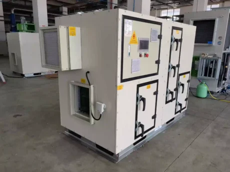 Side view of FXC series combined desiccant wheel dehumidifier with PLC touch control panel manufactured by Zhejiang Fengxing factory for food, pharmaceutical and glass production workshop