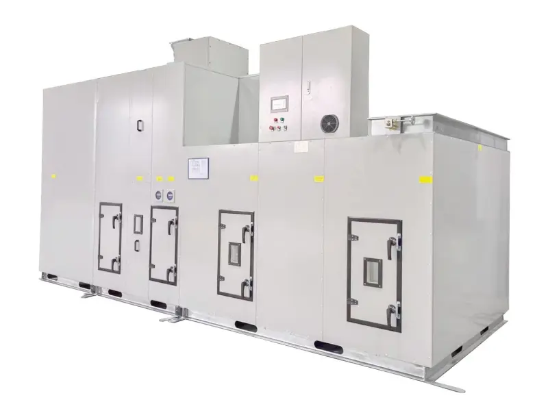 Fengxing FXE Series Low Temperature Regenerative Rotary Desiccant Dehumidifier Complete Unit White Background Product Photo Fengxing FXE industrial low temperature regeneration desiccant dehumidifier whole machine picture, integrated air handling unit with PLC touch control cabinet for low humidity production workshop