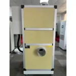 Real workshop picture of Fengxing vertical single desiccant dehumidifier, rear round dry air outlet, compact cabinet type movable dehumidification unit for laboratory and small production room