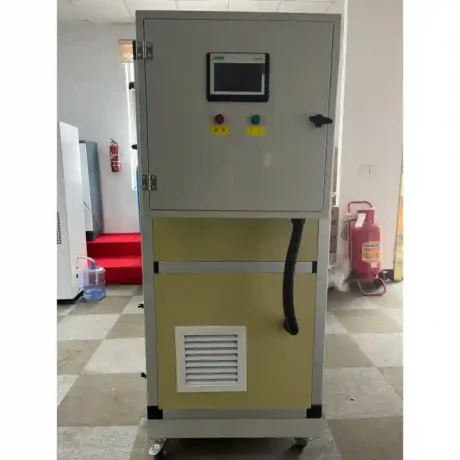 Workshop photo of Fengxing FXV Series vertical integrated single desiccant wheel dehumidifier, front touch screen control cabinet with start-stop emergency buttons, mobile wheel design for small workshop constant humidity