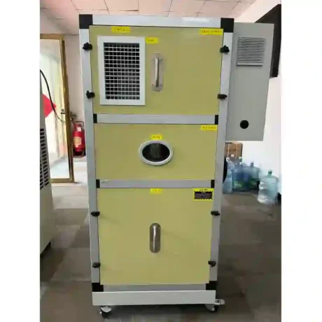 Side shot of Fengxing vertical cabinet single rotary dehumidifier, detachable maintenance doors, air filter grille and rotor viewing window, easy daily maintenance for small industrial space