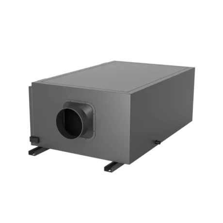 3D render of Fengxing FXR-200 ceiling concealed refrigerative dehumidifier, single round air duct outlet, with mounting brackets for hidden ceiling installation for large warehouse, factory workshop and commercial storage