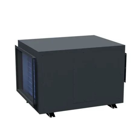 Side view 3D rendering of Fengxing FXR-240 overhead concealed dehumidifier, large air inlet with exposed evaporator cooling coil structure, high-efficiency condensation and heat exchange design for large industrial space constant humidity treatment