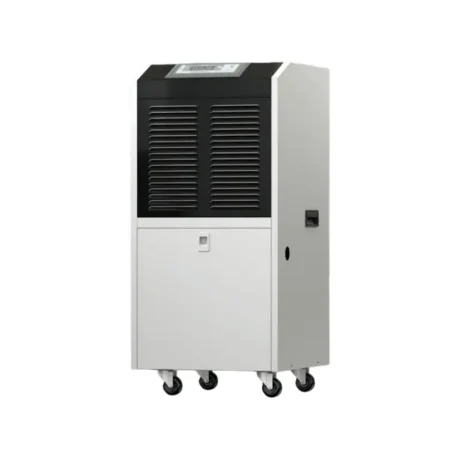 Right oblique side 3D render of Fengxing FXRI-138 wheeled floor standing industrial dehumidifier, vertical movable cabinet with top control panel and 4 universal casters, medium dehumidification capacity for commercial warehouse, small workshop and indoor swimming pool moisture control