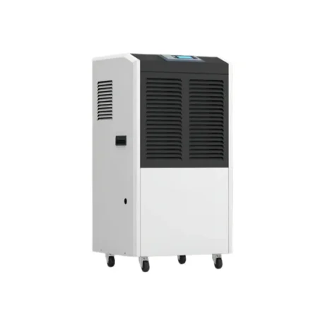 Left oblique full view 3D rendering of Fengxing FXRI-150 vertical floor industrial dehumidifier, portable wheeled design with large front air outlet grille, ideal for light industrial production spaces and commercial storage humidity management