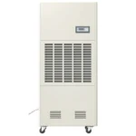 Front main view 3D render of Fengxing FXRI-168 floor standing mobile industrial dehumidifier, full wide front air intake louver and intelligent top control screen, continuous 24h operation for medium factory workshops, commercial aquatic venues and medium storage warehouses