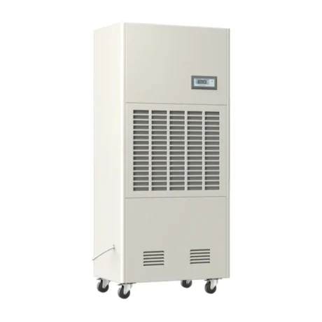 Left oblique full view 3D rendering of Fengxing FXRI-168 vertical floor industrial dehumidifier, portable wheeled design with extra-large front air intake grille, stable constant humidity performance for medium commercial spaces and mid-size manufacturing workshops
