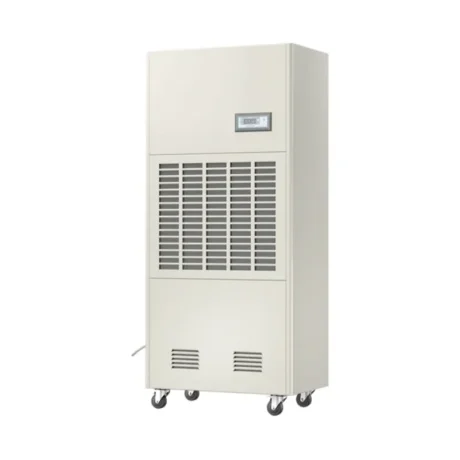 Right oblique side 3D render of Fengxing FXRI-240 wheeled floor standing industrial dehumidifier, vertical movable cabinet with top digital control panel and 4 heavy-duty universal casters, medium-large dehumidification capacity for medium-sized processing workshops, commercial swimming pools and medium industrial storage warehouses