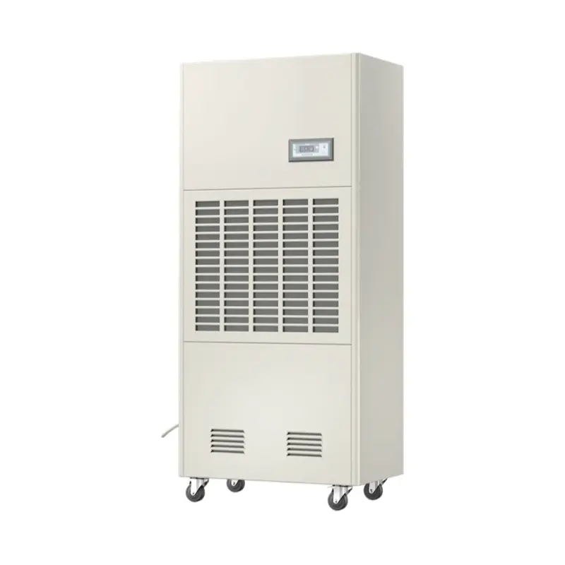 Fengxing FXRI-240 Floor Standing Heavy Commercial Industrial Refrigerative Dehumidifier Right Oblique Side 3D Render Right oblique side 3D render of Fengxing FXRI-240 wheeled floor standing industrial dehumidifier, vertical movable cabinet with top digital control panel and 4 heavy-duty universal casters, medium-large dehumidification capacity for medium-sized processing workshops, commercial swimming pools and medium industrial storage warehouses