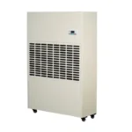 Right oblique side 3D render of Fengxing FXRI-360 wheeled floor standing industrial dehumidifier, vertical movable cabinet with top digital control panel and 4 heavy-duty universal casters, medium-large dehumidification capacity for medium-sized processing workshops, commercial swimming pools and medium industrial storage warehouses