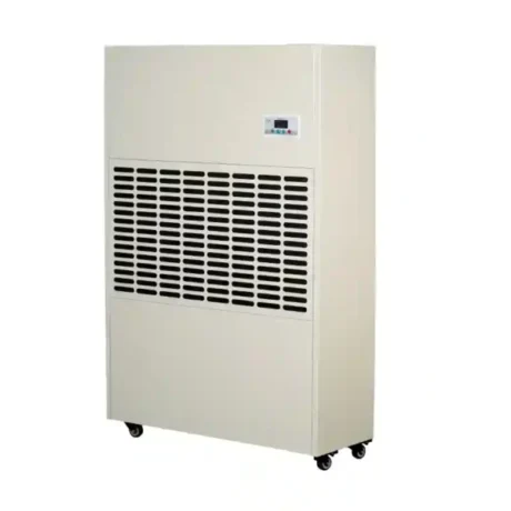 Right oblique side 3D render of Fengxing FXRI-360 wheeled floor standing industrial dehumidifier, vertical movable cabinet with top digital control panel and 4 heavy-duty universal casters, medium-large dehumidification capacity for medium-sized processing workshops, commercial swimming pools and medium industrial storage warehouses