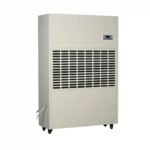 Left oblique full view 3D rendering of Fengxing FXRI-480 vertical heavy industrial dehumidifier, reinforced wheeled mobile structure with oversized air intake grille, long-term non-stop operation for heavy industrial production lines and large industrial storage facilities