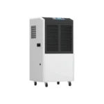 Left oblique full view 3D rendering of Fengxing FXRI-60 vertical floor industrial dehumidifier, portable wheeled design with large front air outlet grille, ideal for light industrial production spaces and commercial storage humidity management