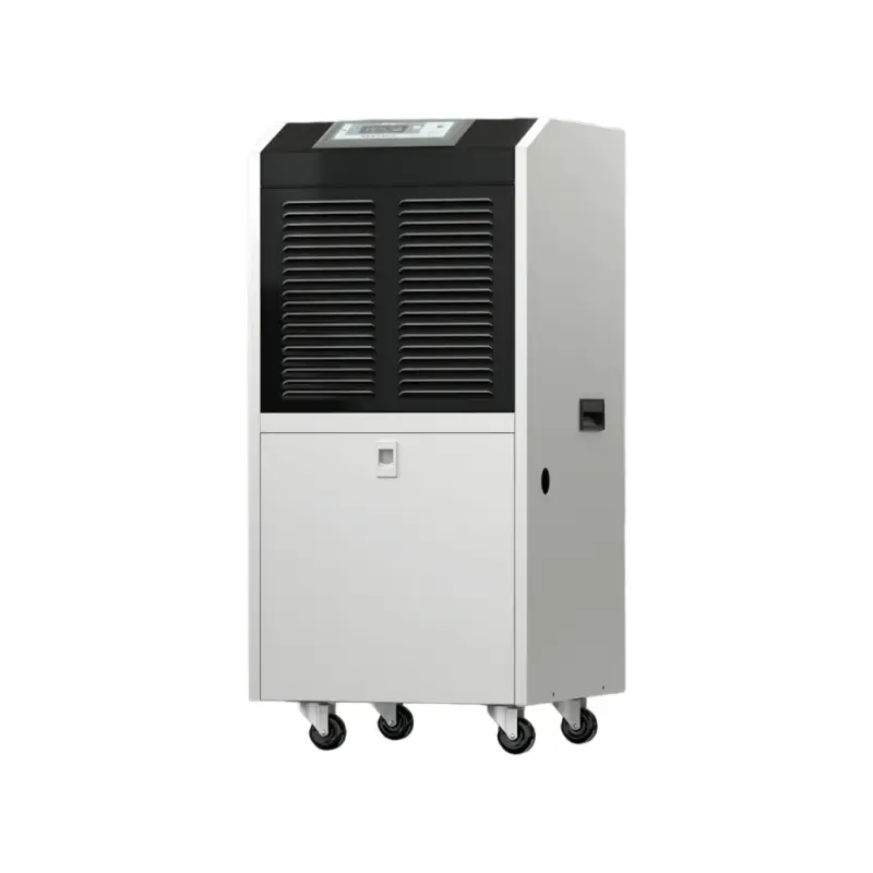 Fengxing FXRI-60 Floor Standing Wheeled Commercial Industrial Refrigerative Dehumidifier Right Oblique Side 3D Render Right oblique side 3D render of Fengxing FXRI-60 wheeled floor standing industrial dehumidifier, vertical movable cabinet with top control panel and 4 universal casters, medium dehumidification capacity for commercial warehouse, small workshop and indoor swimming pool moisture control