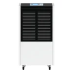 Front main view 3D render of Fengxing FXRI-70 floor standing portable industrial dehumidifier, full front air intake louver and top digital display, plug-and-play mobile unit for retail storage, small factory and indoor leisure swimming pool