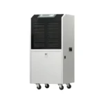 Right oblique side 3D render of Fengxing FXRI-90 wheeled floor standing industrial dehumidifier, vertical movable cabinet with top control panel and 4 universal casters, medium dehumidification capacity for commercial warehouse, small workshop and indoor swimming pool moisture control