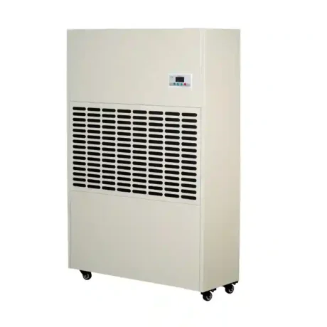 Right oblique side 3D render of Fengxing FXRI-960 heavy-duty wheeled floor standing industrial dehumidifier, reinforced vertical cabinet with large digital control panel and load-bearing universal casters, ultra-large dehumidification output for large manufacturing factories, lithium battery workshops, public large swimming pools and agricultural greenhouses