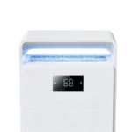 Close-up view of digital humidity screen and top air outlet grille for FXRH-450ml household refrigerative dehumidifier, clear LED digital reading, multi-color ambient light function