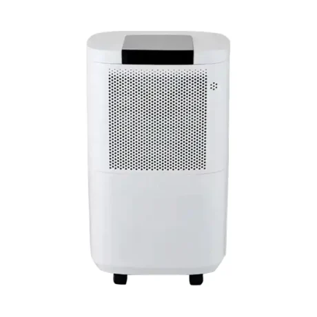 FXRH series 10-12L portable refrigerative home dehumidifier style 1 full front view, dense dot air intake panel, top black control cover, movable casters for easy moving, OEM custom brand labeling available