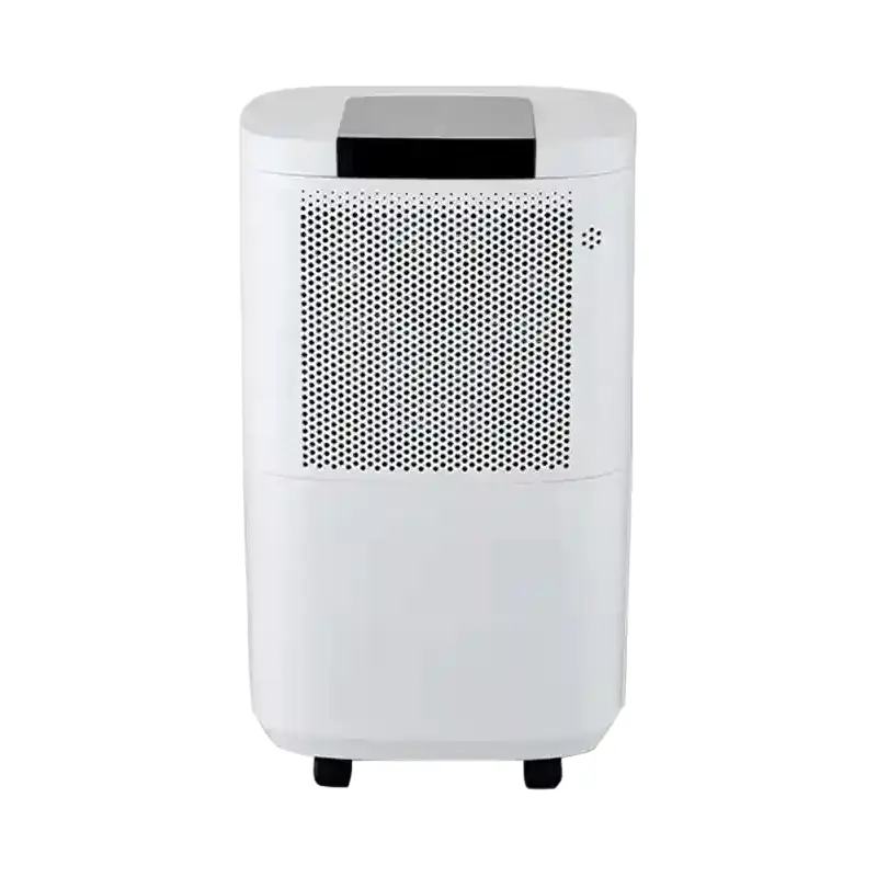 FXRH series 10-12L portable refrigerative home dehumidifier style 1 full front view, dense dot air intake panel, top black control cover, movable casters for easy moving, OEM custom brand labeling available