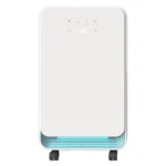 All-white minimalist FXRH series 10-12L dehumidifier style 10 with hidden top touch button panel, gradient blue atmosphere light at bottom edge, private mold available for custom brand wholesale
