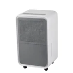 Diagonal shot of FXRH series 10-12L two-tone grey panel refrigerative dehumidifier style 7, rounded square frame design, large ventilation area, independent water tank drawer, suitable for office & basement