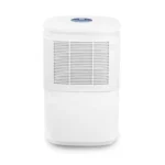 Front view of FXRH series 10-12L dehumidifier style 8 with top built-in digital humidity display, horizontal louver air intake, simple white vertical body, low noise operation for indoor moisture control