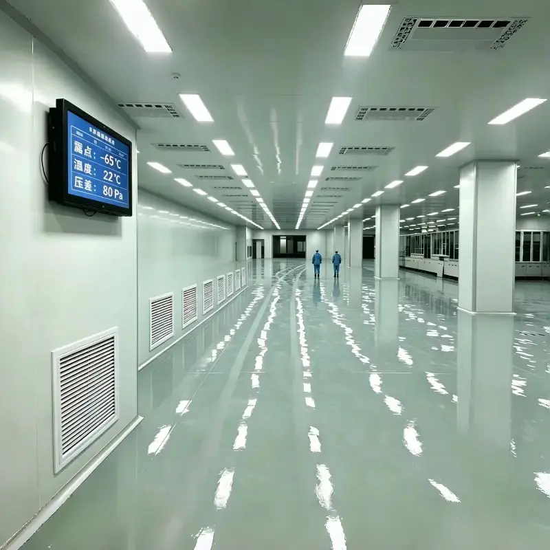 Large spacious clean & dry dehumidification room with wall-mounted real-time dew point, temperature and pressure difference display screen, stable ultra-low dew point environment down to -65°C, customized dry room construction for lithium battery, chemical raw material and medical pharmaceutical production workshop, full OEM EPC dry room system service